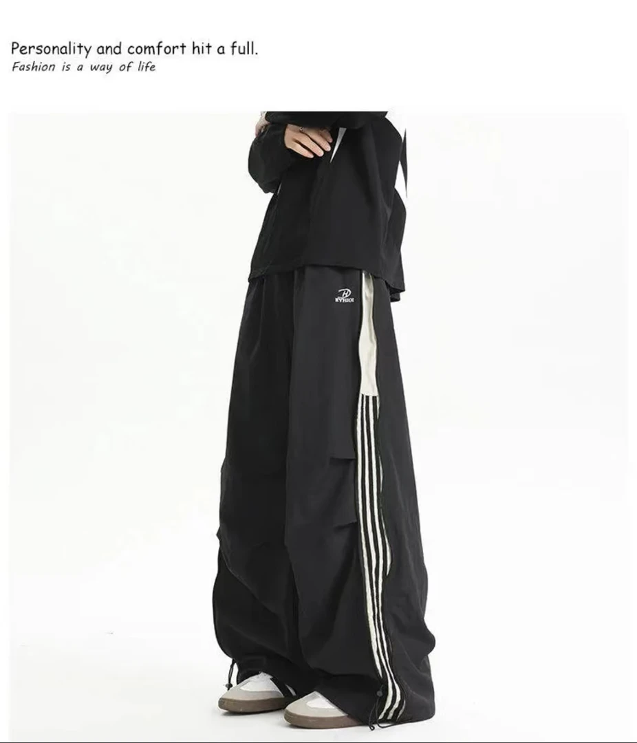 阔腿春夏潮贴布直筒裤速干休闲裤夏季嘻哈运动裤子潮流抽绳工装裤