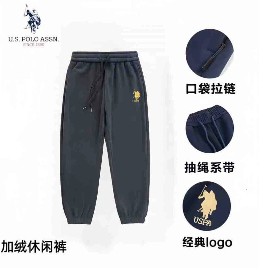 男士骑马金标刺绣冬季加绒保暖深灰色束脚休闲裤两边口袋带拉链