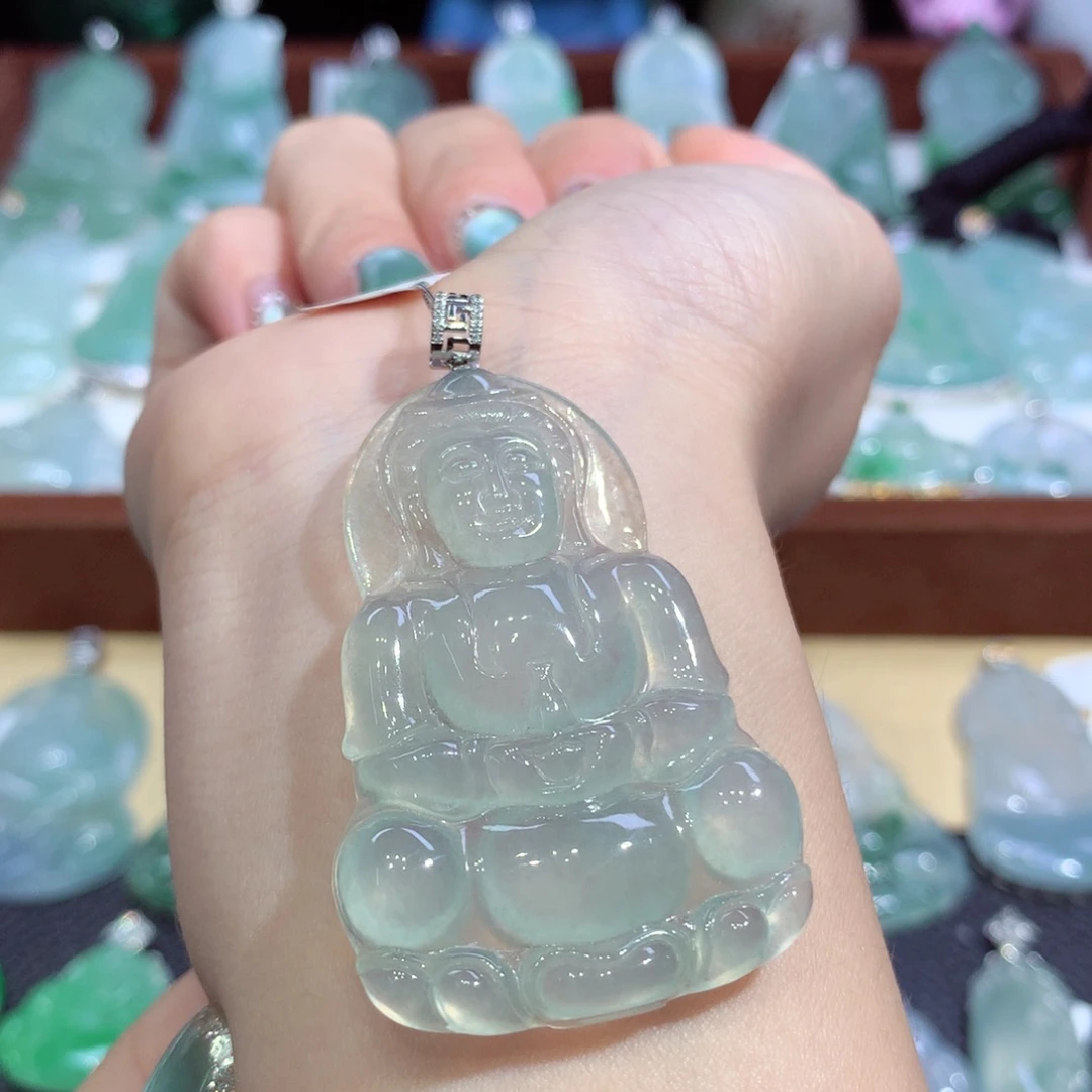 翡翠18K金镶嵌吊坠(不含链)天然缅甸A货翡翠揭阳工观音