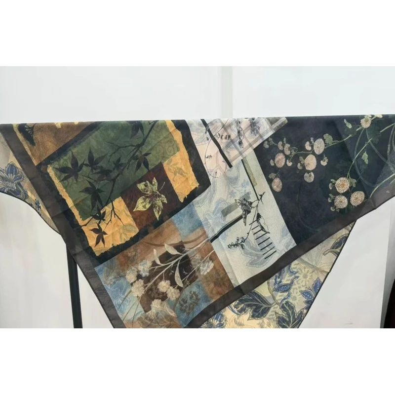 【拼花集】90*90棉麻九宫格春秋冬款国风高端丝巾P669