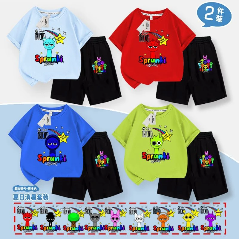 音乐节奏盒子衣服2025新品Sprunki短袖短裤套装纯棉儿童夏日透气