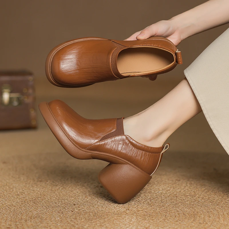 羊皮/8cm/春秋百搭真皮软底复古粗跟英伦风圆头厚底舒适秋季单鞋