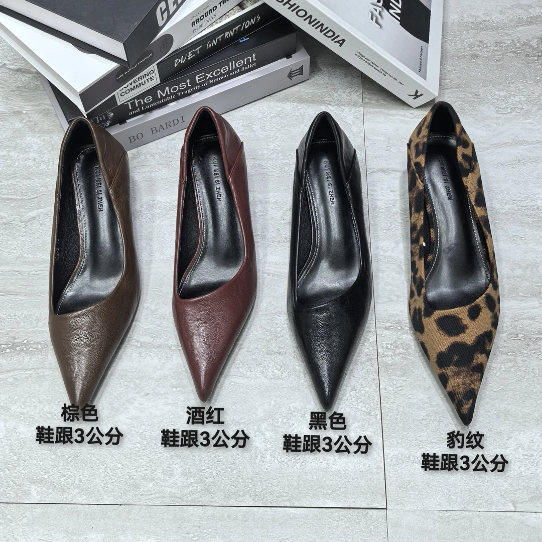 2025春款尖头浅口高跟鞋豹纹时尚百搭通勤低跟小猫跟单鞋一脚蹬