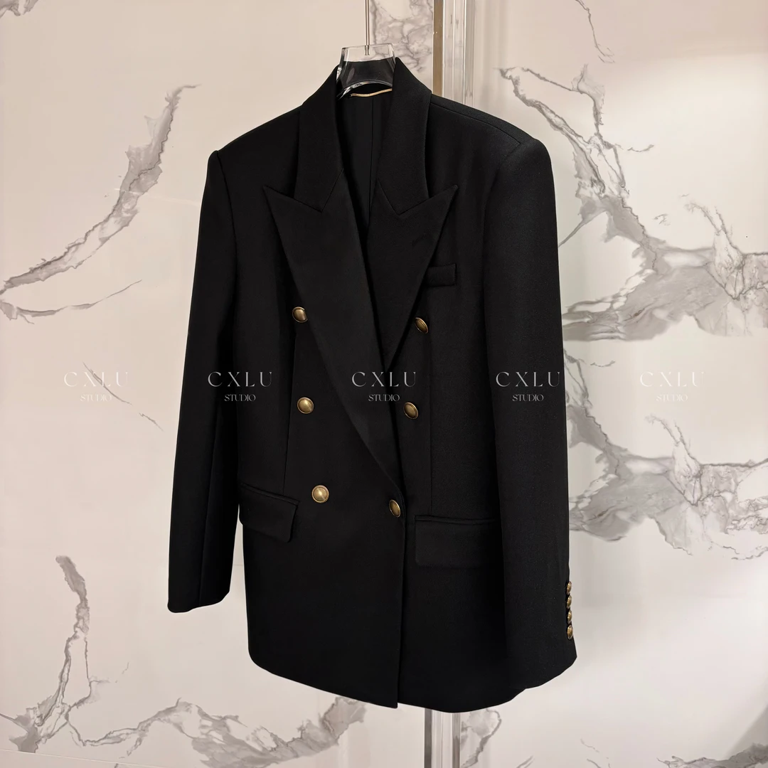 杨树林秀款大女主阔版双排金扣垫肩羊毛西装2484