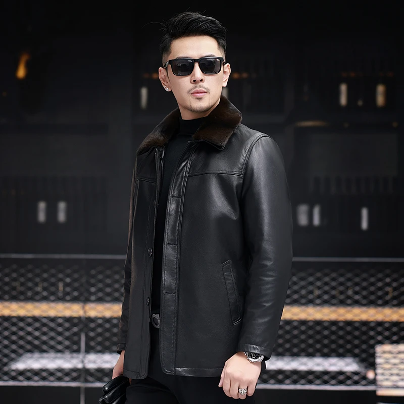 100%纯牛皮可拆卸头层小牛皮夹克真皮皮衣男士外套时尚-男款加绒