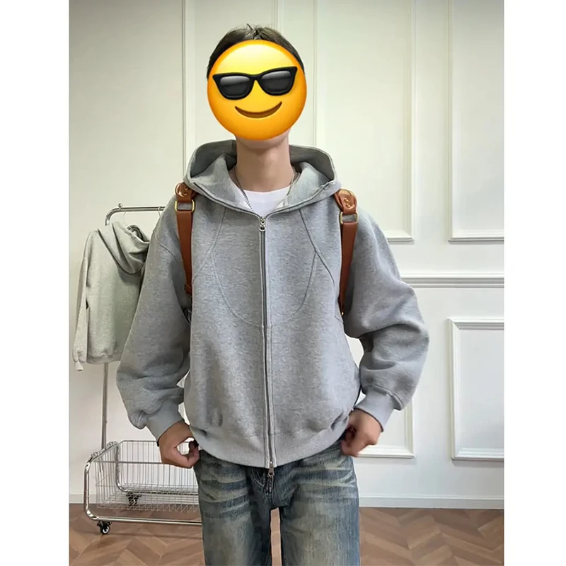 麻灰色cleanfit重磅卫衣男秋季解构拼接设计感外套双拉链开衫夹克