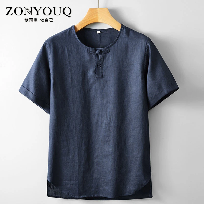 ZONYOUQ短袖亚麻T恤男夏季薄款宽松透气新中式中国风盘扣套头上衣