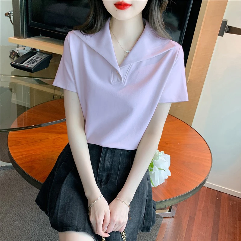 2025新款法式海军领上衣短袖T恤女士夏季别致polo衫甜美减龄衬衫