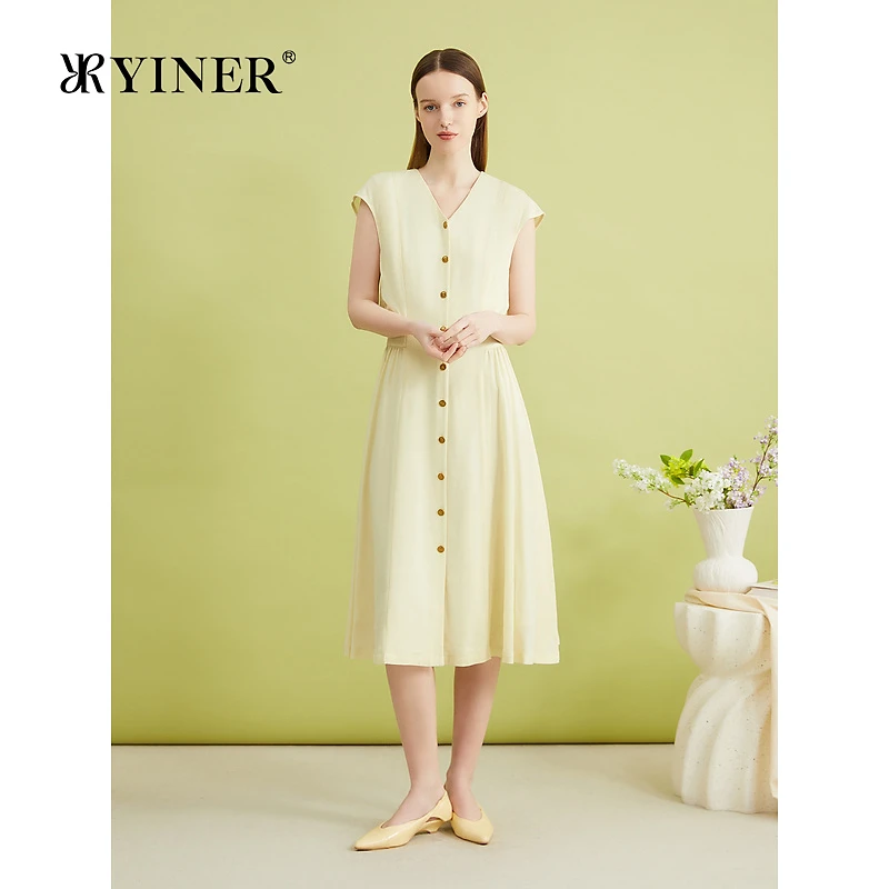 【柔润醋酸】YINER音儿女装夏季法式优雅V领小盖袖鹅黄连衣裙