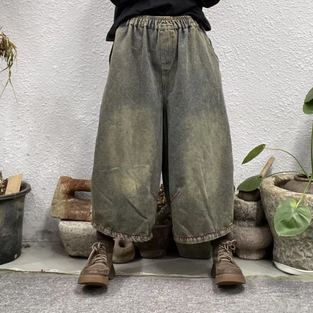 8810炒色蓝绣红线阔腿牛仔裤（长80臀围130脚口62