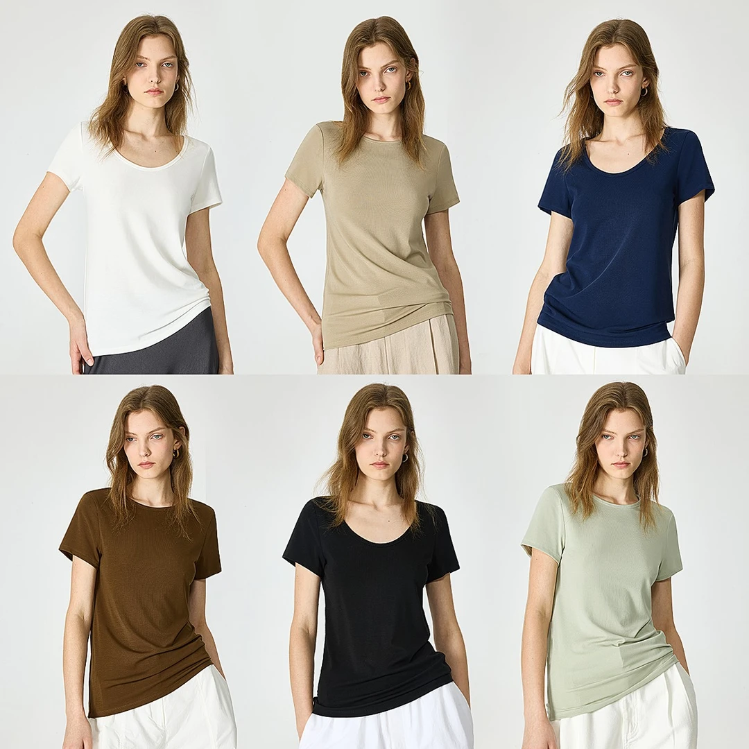 KEIGAN/开间夏季冰爽莱赛尔天丝高弹显瘦U领圆领修身短袖瘦瘦T