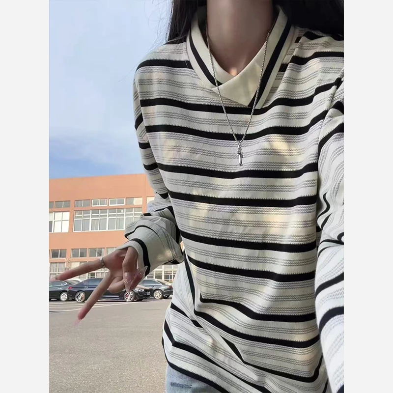 美式不规则斜领polo衫卫衣男高级感痞帅翻领t恤设计感条纹打底衫