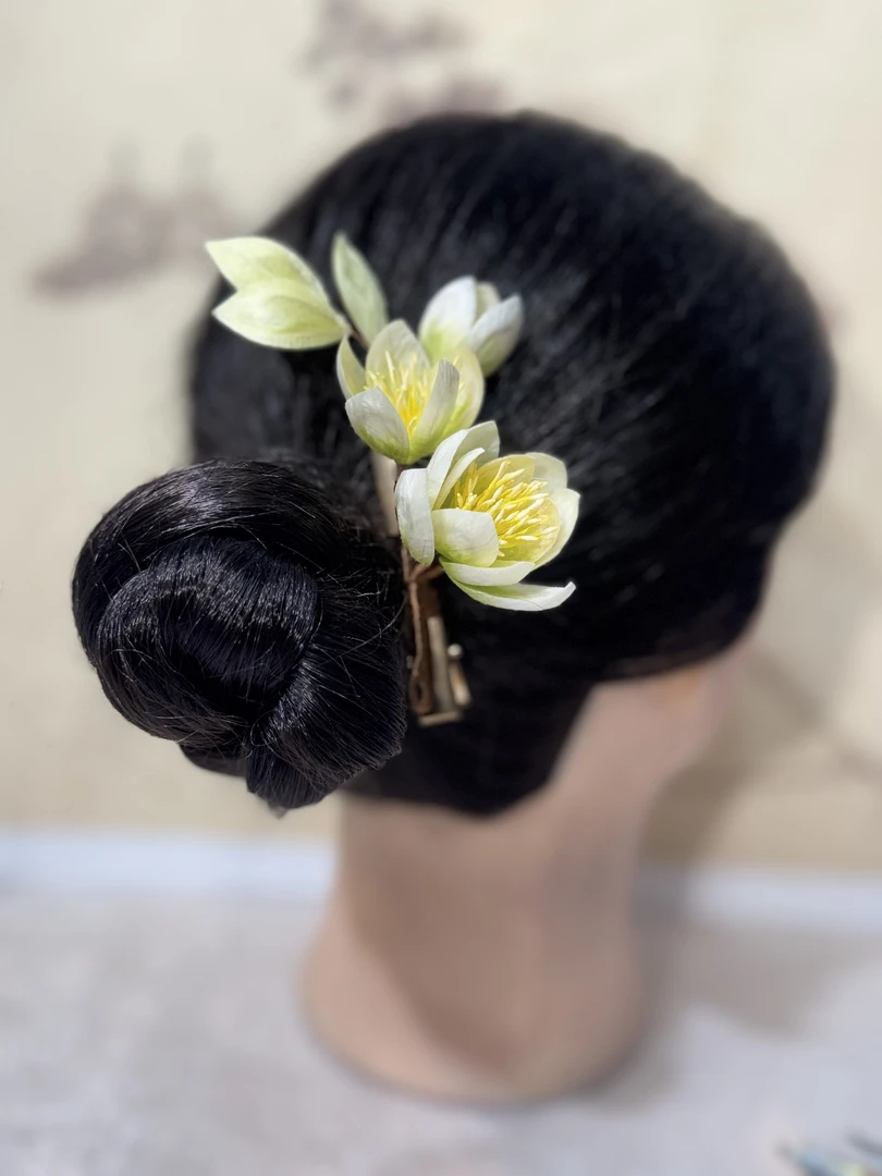 黄色玉兰花发夹 非遗绒花工艺国风仙女百搭