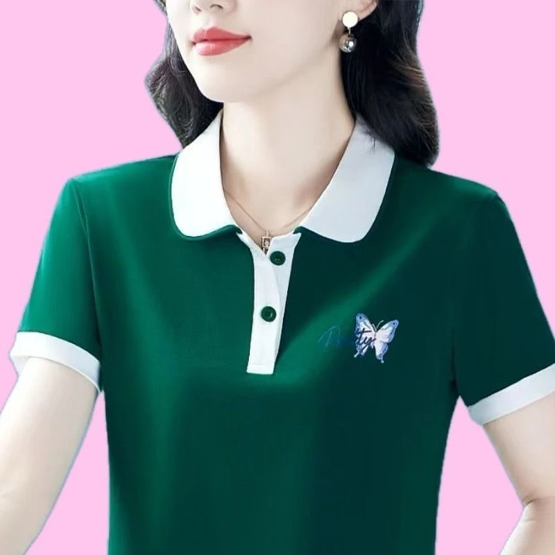 828墨绿夏季运动POLO衫绣花短袖T恤女妈妈装洋气减龄翻领上衣潮