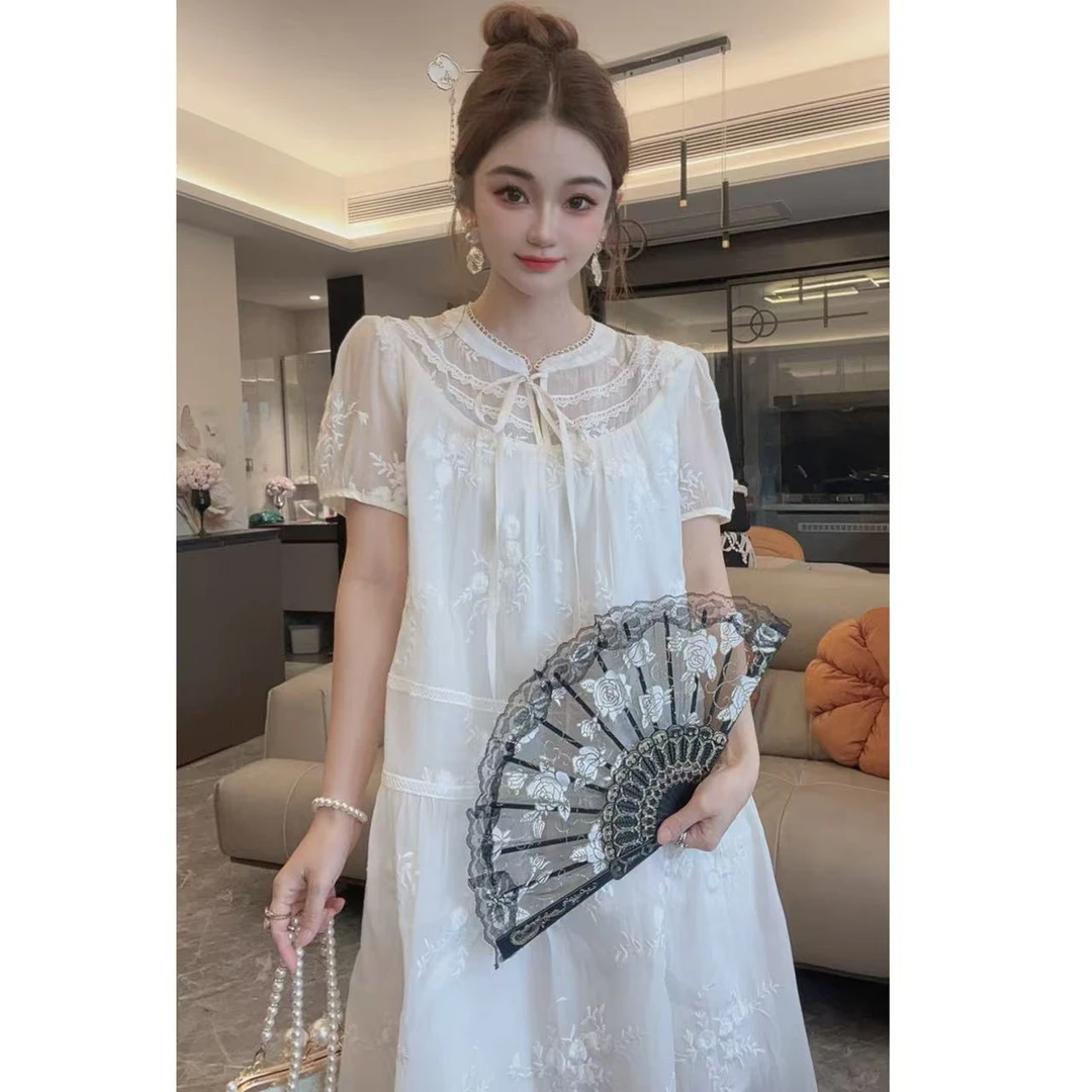 禅意圆领系带提花设计感连衣裙夏季新款气质显瘦绝美小裙子
