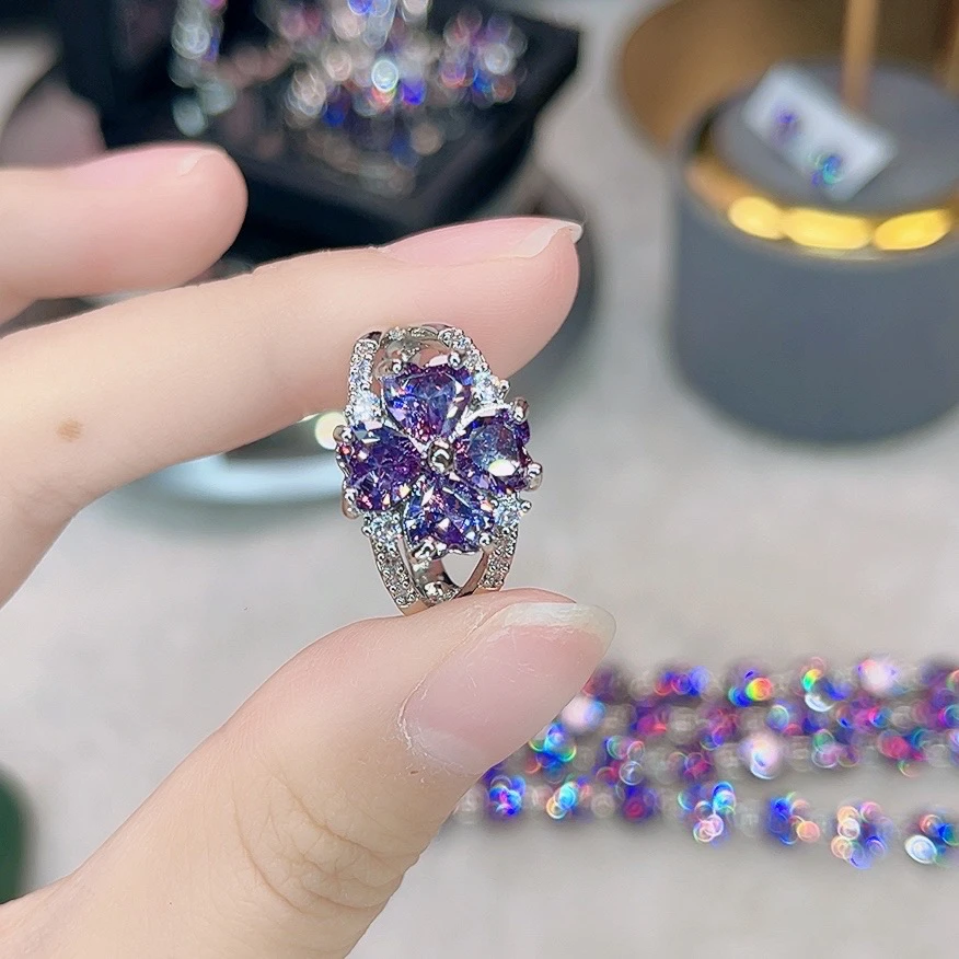 铜合金锆石戒指 3000紫色开口四叶草戒指