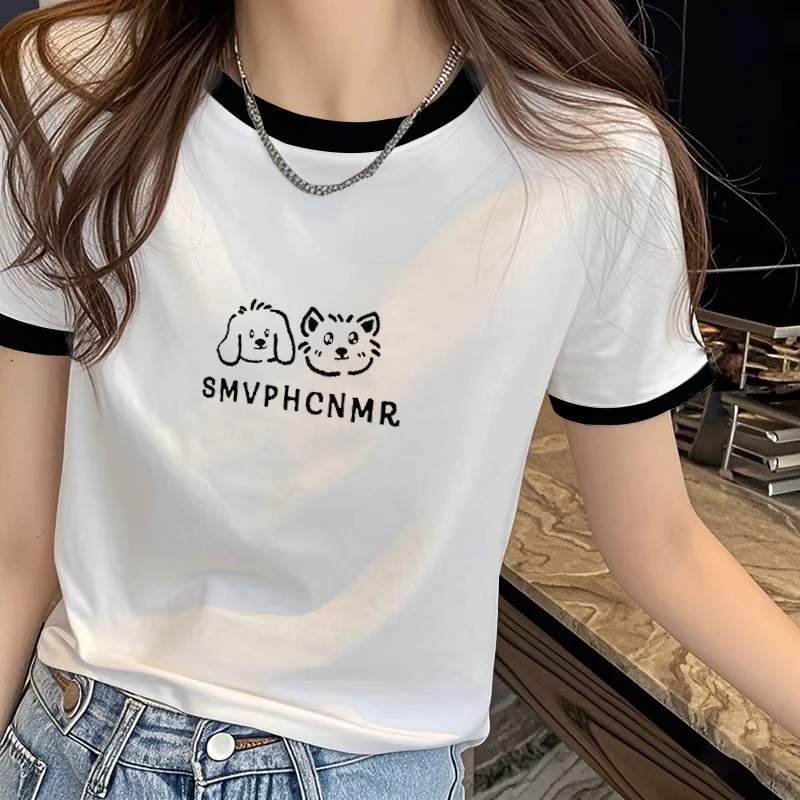 夏季新款正肩圆领修身显瘦短袖t恤韩版通勤减龄卡通印花女装上衣