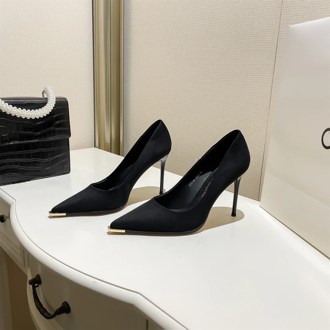 性感通勤绒面工作鞋高跟鞋2024年春夏新款气质名媛尖头细跟单鞋女