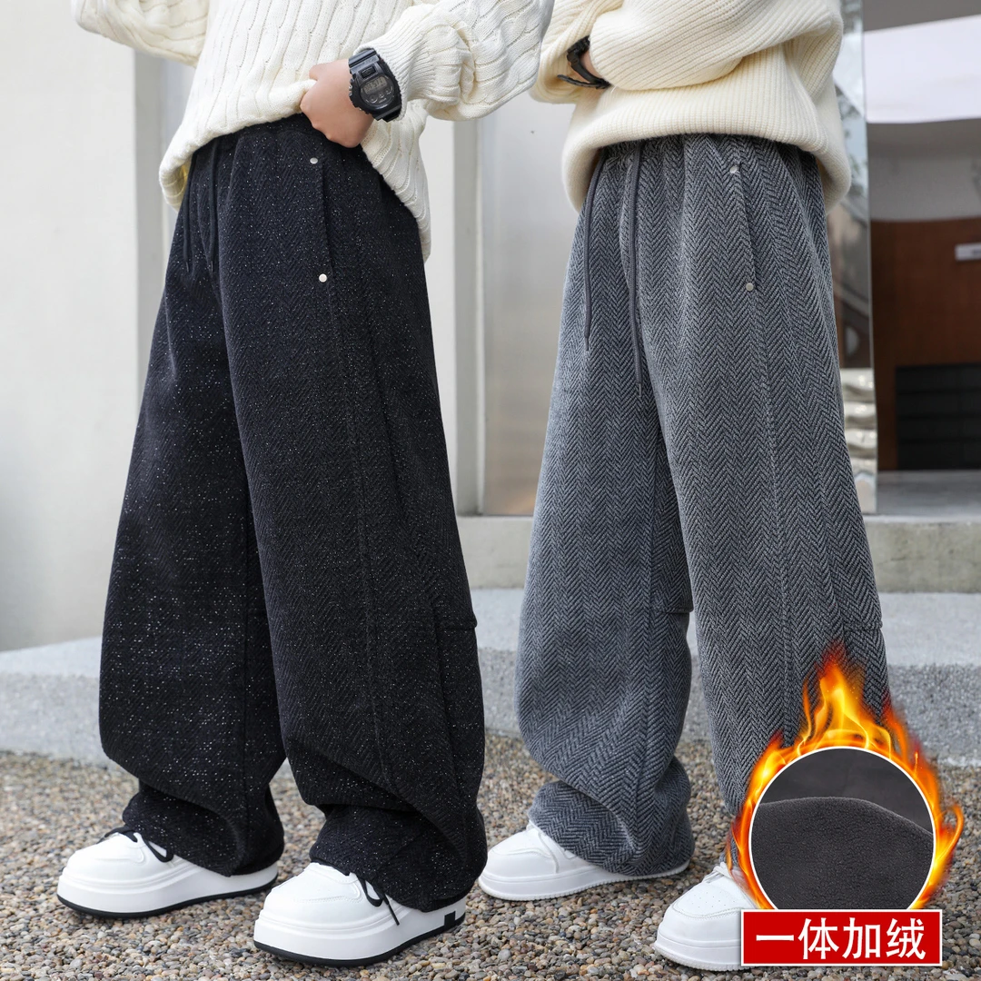 男童一体绒运动裤中大童秋冬2025新款冬装儿童学生加绒加厚裤子潮