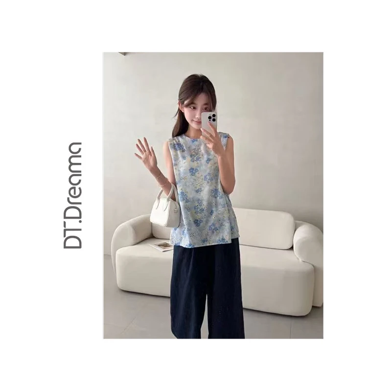 新中式国风镂空印花无袖背心衬衫2025夏季新款女气质上衣时尚复古