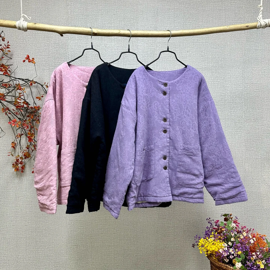 儒品素衣85072亚麻提花三兜短款棉服（衣长64胸围125）