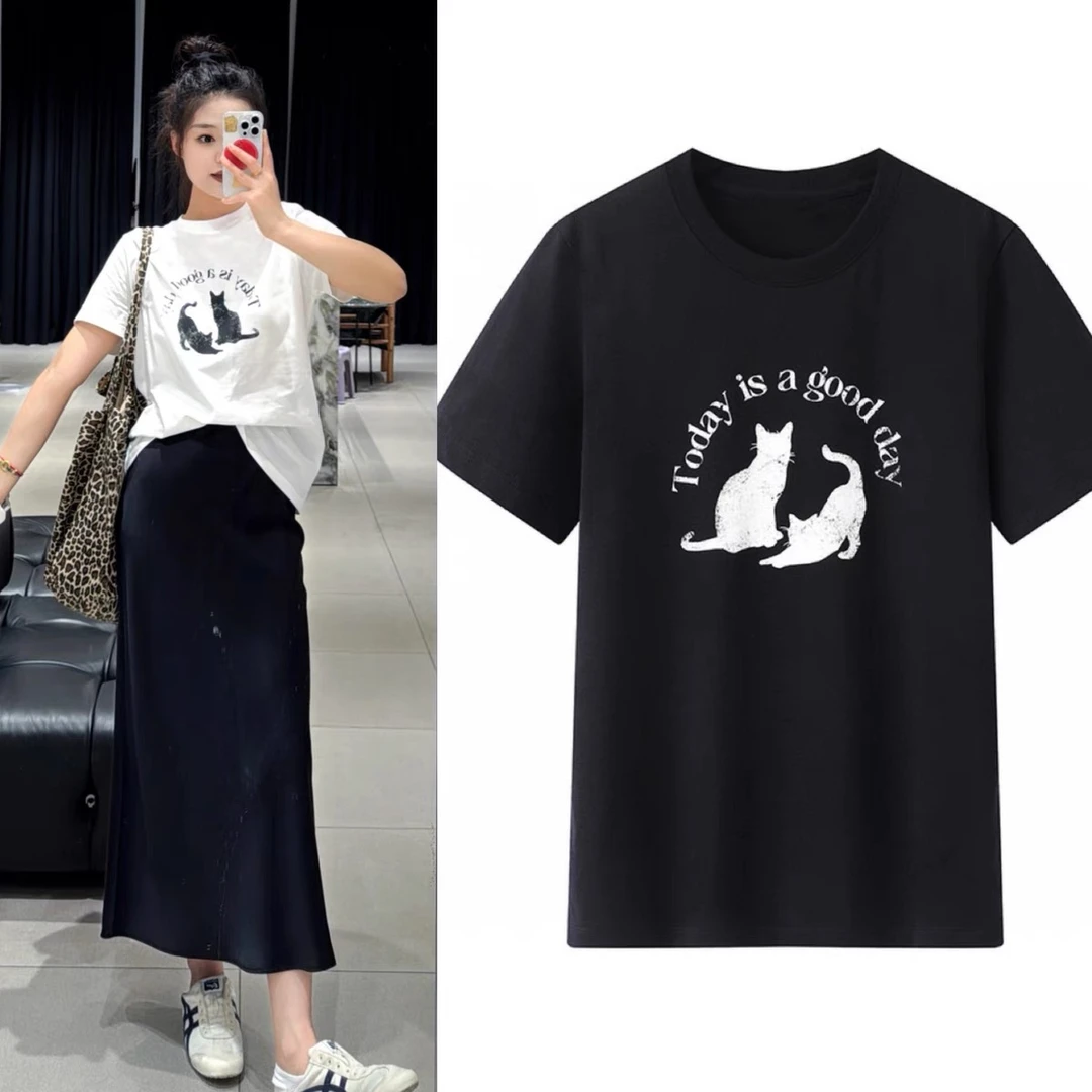 9140原单商场同款字母萌宠猫咪印花休闲宽松简约短袖T恤