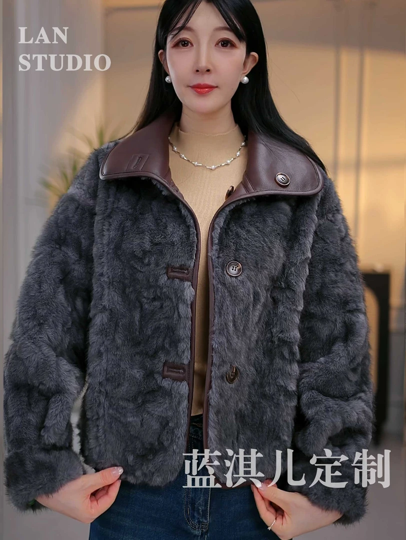 LQR 深灰色小香风轻奢气质女士宽松皮毛一体韩版时尚外套