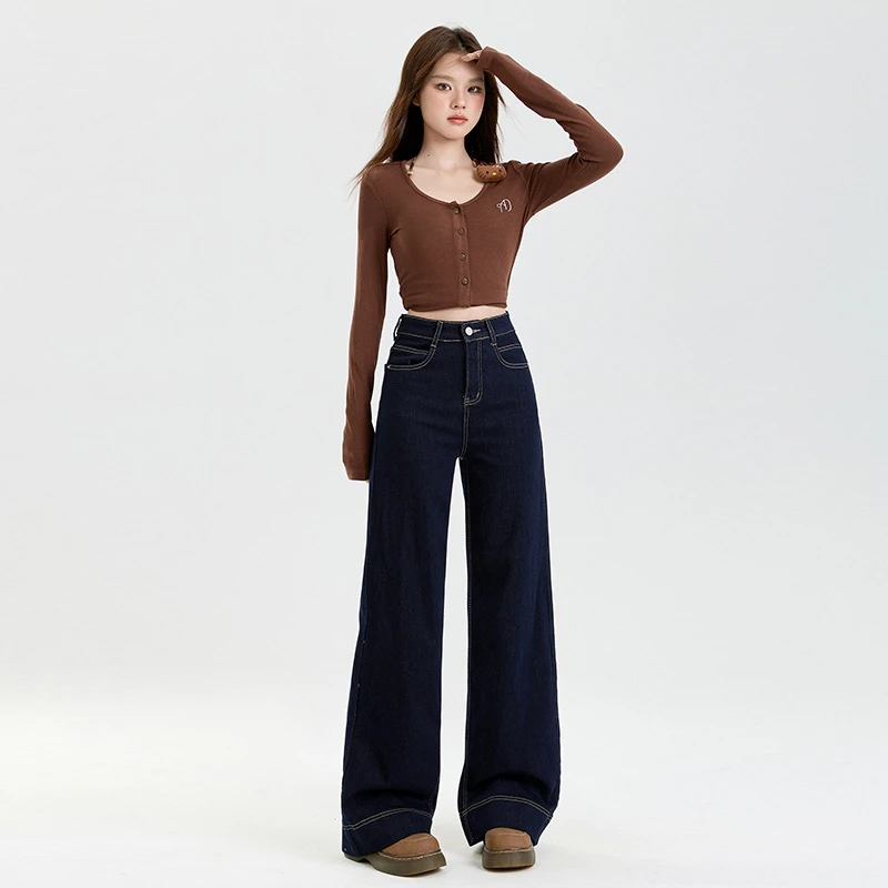 丹宁蓝秋季高腰显瘦阔腿牛仔裤女宽松不贴腿微喇拖地裤子