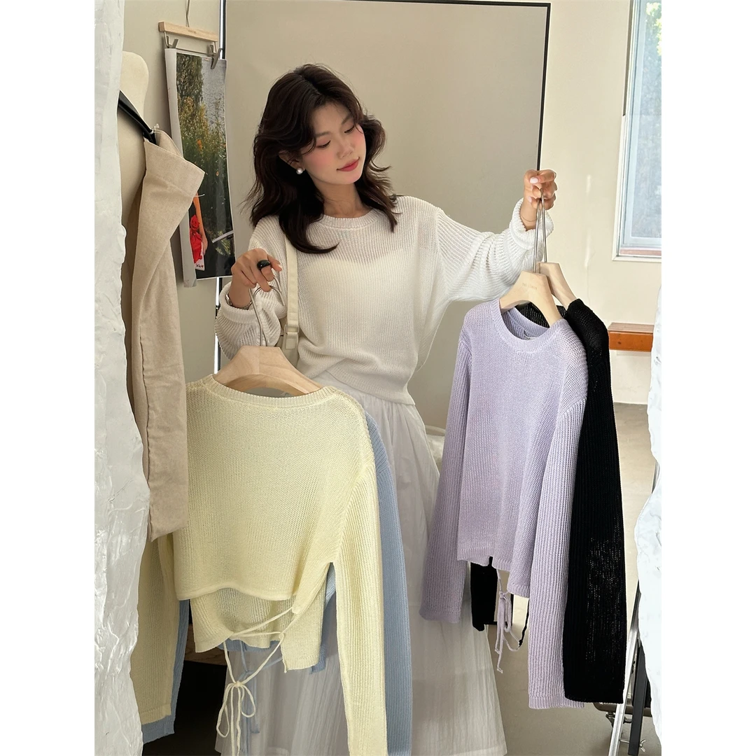 美树【柠檬绿茶】慵懒感圆领后绑带设计感针织衫  T-210#