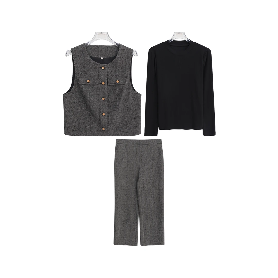 复古商务轻奢马夹百搭纯色上衣直筒裤套装S3330