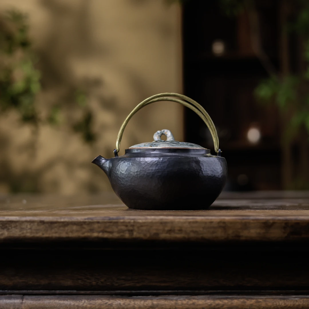 【福器】玄黑色牧心瓷盖紫铜壶(五福底款)（五福铜器0023）