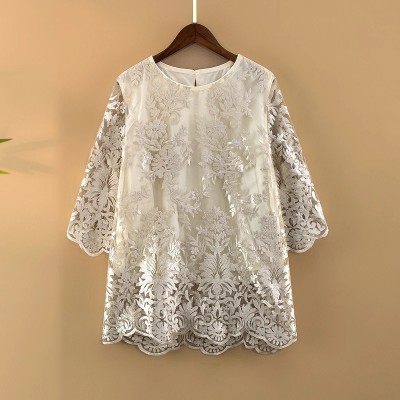 【花篱】夏季2025新款上衣小衫女装新中式国风圆领蕾丝提花半袖衬衫