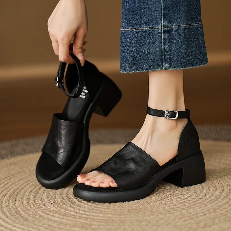 头层牛皮/6cm粗跟防水台一字扣凉鞋女舒适百搭真皮厚底女鞋高跟鞋