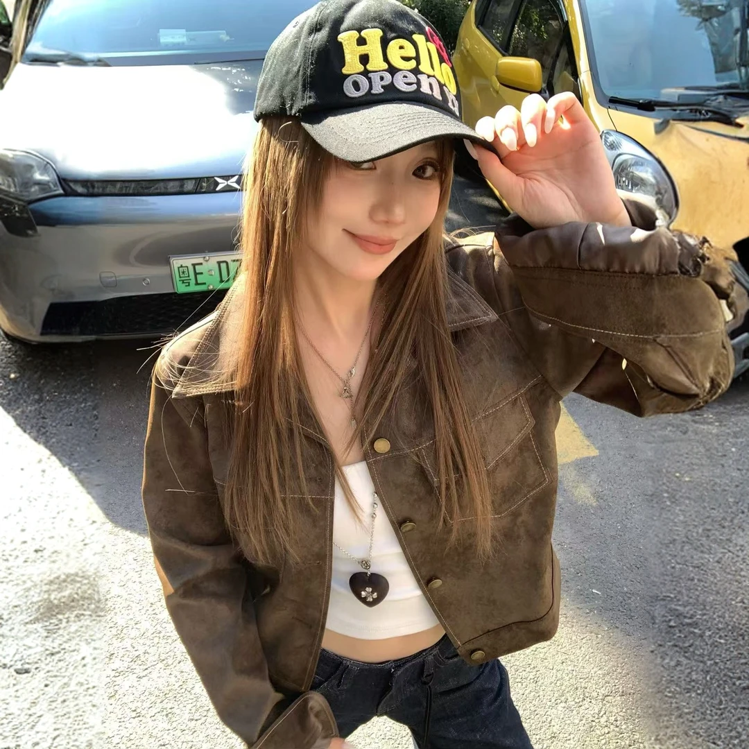 高级感复古棕色翻领中短款皮衣外套秋季新款复古休闲机车夹克女