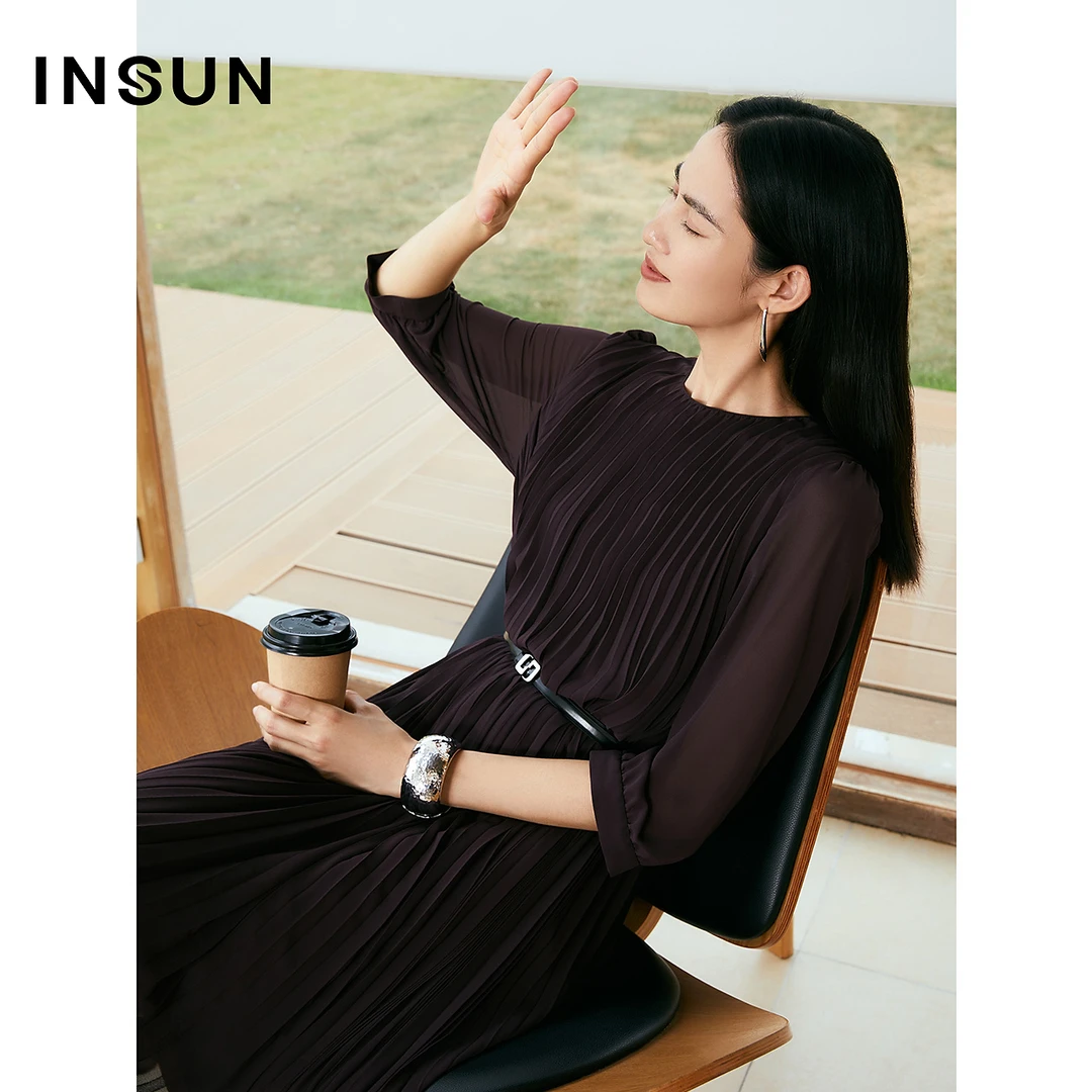 INSUN恩裳专选通透五分袖风琴褶雪纺连衣裙