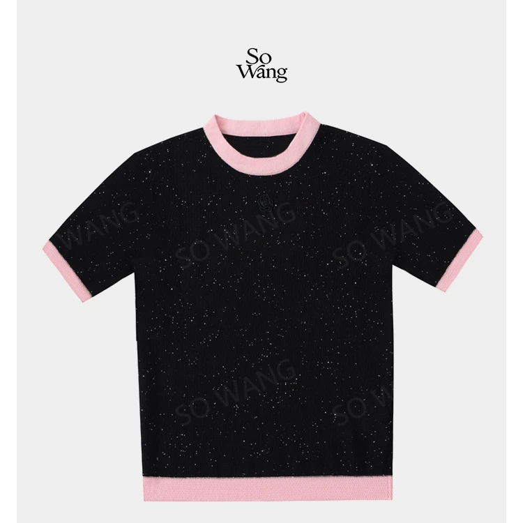 cel*ne夏满天星亮片拼色针织短袖M25008