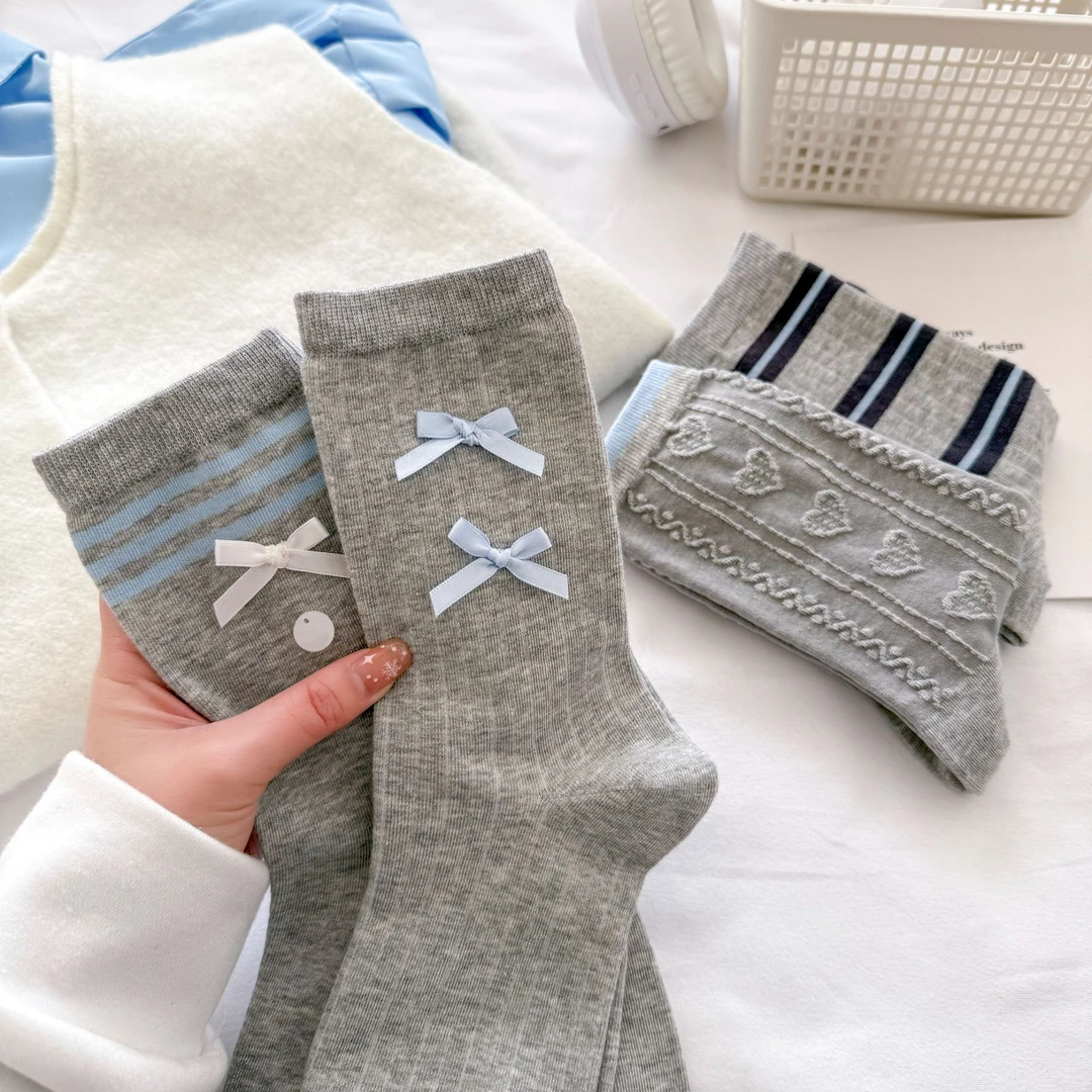 【小陈90号】 灰色系中筒袜夏季薄棉饰品蝴蝶结