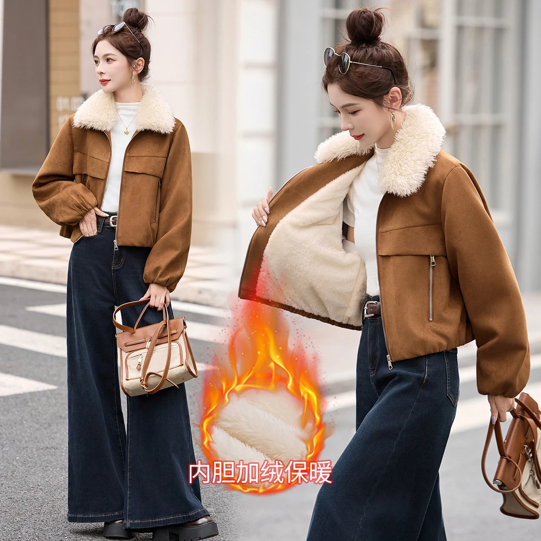 仿鹿皮绒毛领短款加绒外套女冬季时尚今年流行加厚保暖百
