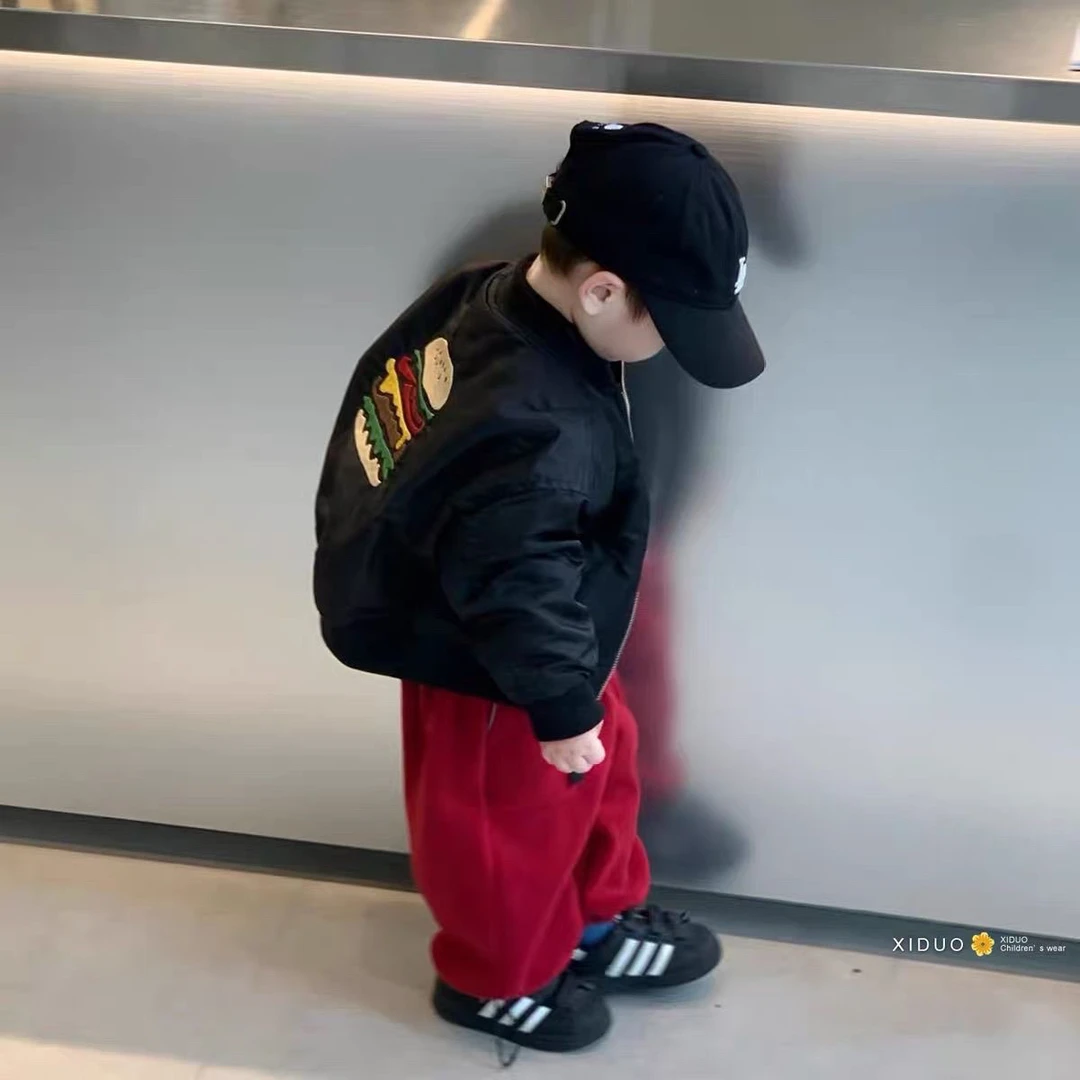 童装儿童夹棉棒球服2025秋冬款男女童潮酷汉堡刺绣圆领夹克衫外套