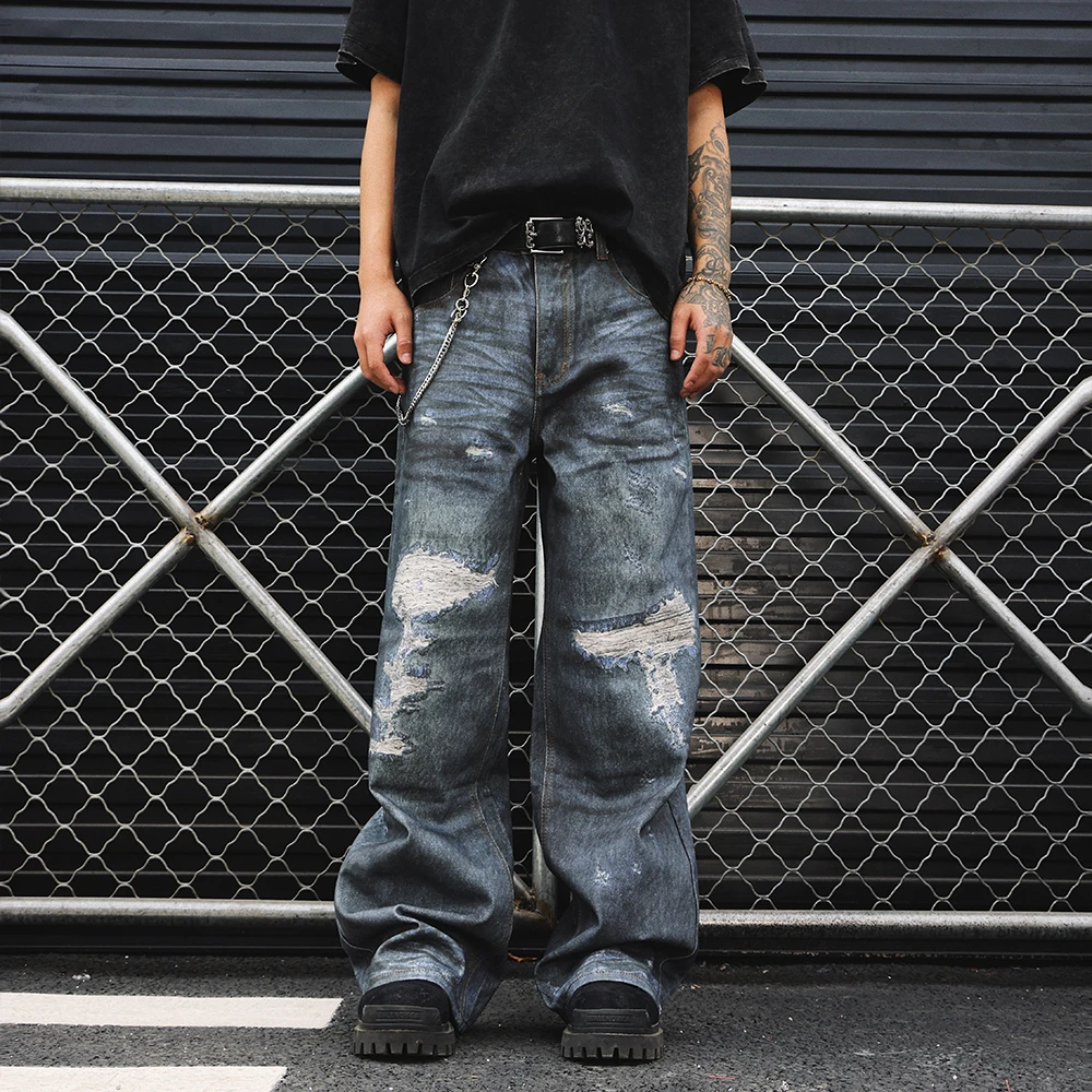 South美式3D印花破洞宽松直筒裤子高街个性潮流做旧欧美牛仔裤男