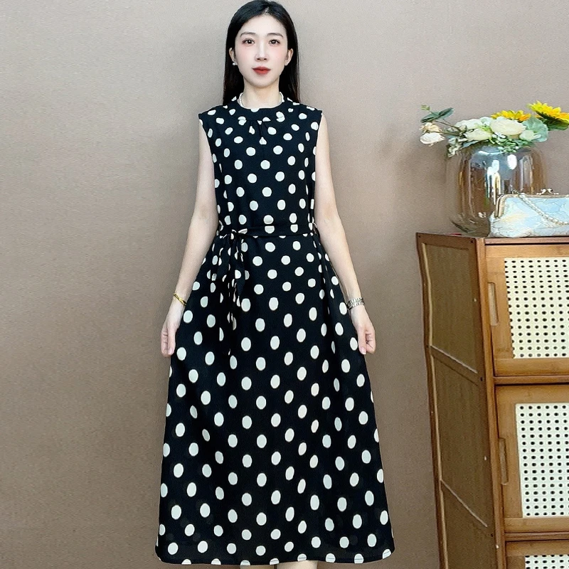 圆点无袖腰风 气质中长款时连衣裙百搭遮肉裙子