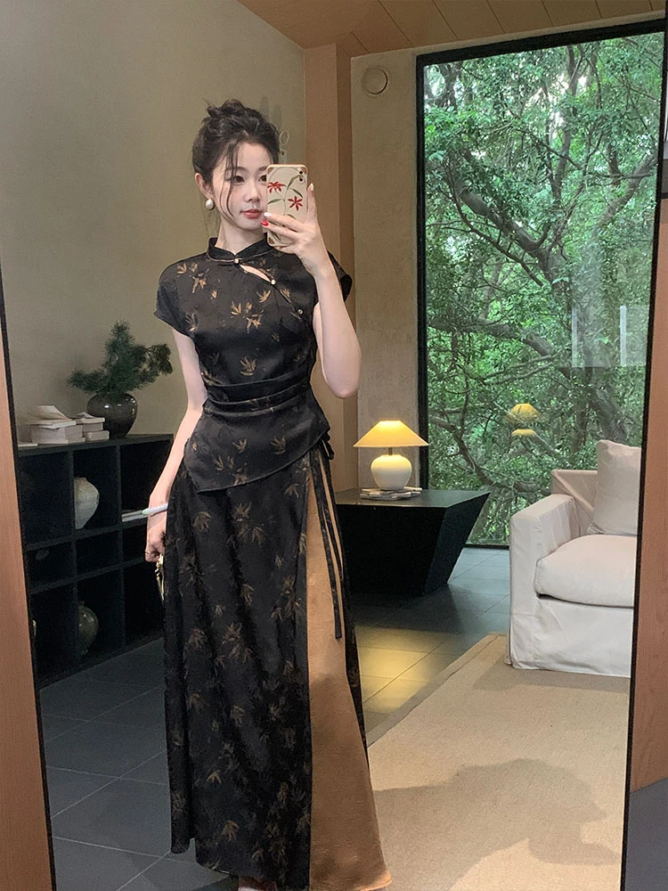 EIA一尧新中式国风【锦竹】清冷贵气上衣+半裙气质提花烫金套装女