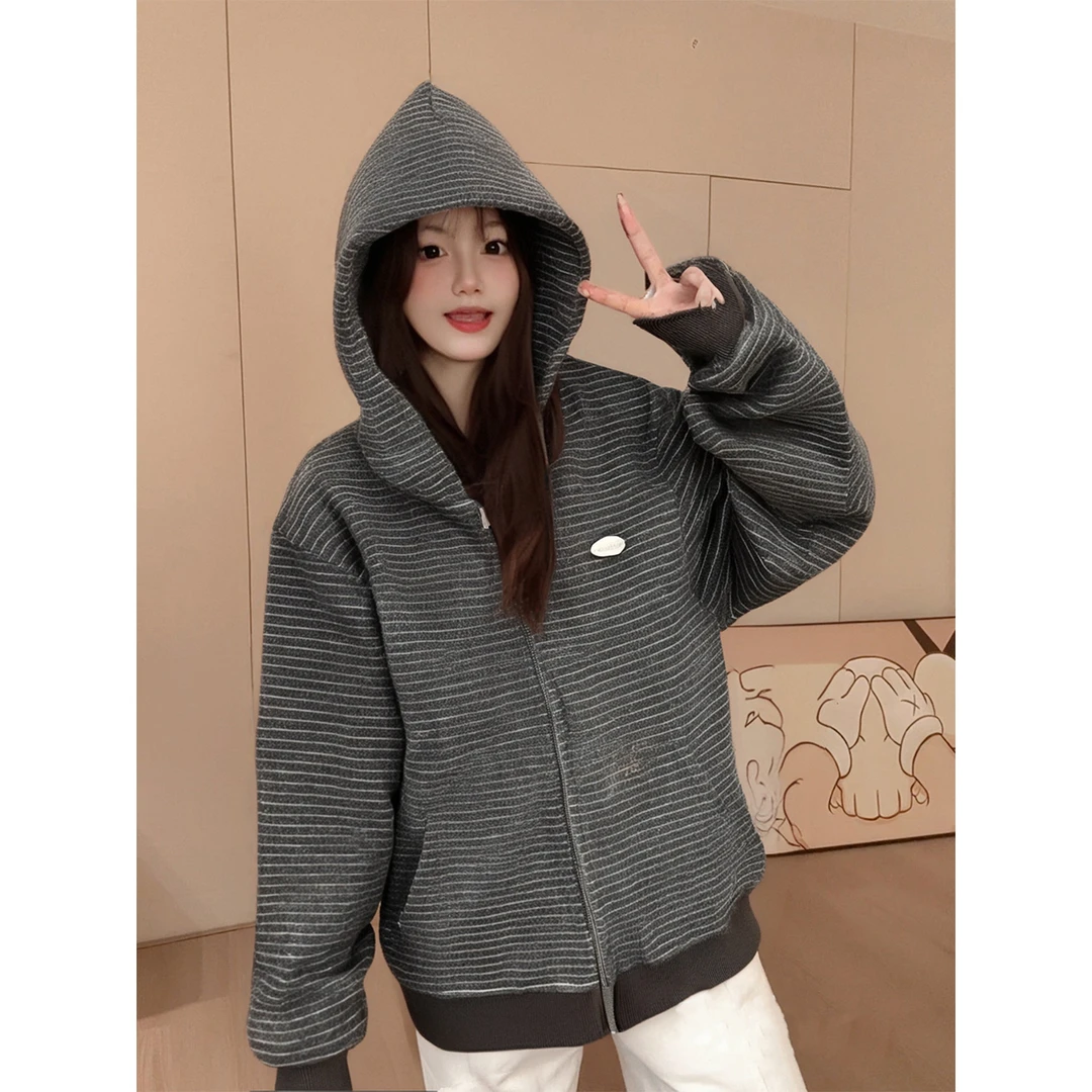 HandSeven情侣美式条纹连帽卫衣拉链休闲百搭上衣外套男款春秋