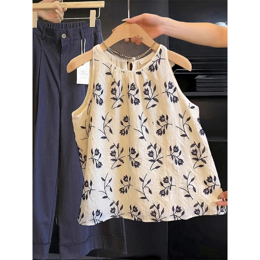 韩系复古碎花刺绣无袖背心女外穿夏季小众设计蝴蝶结绑带衬衫上衣