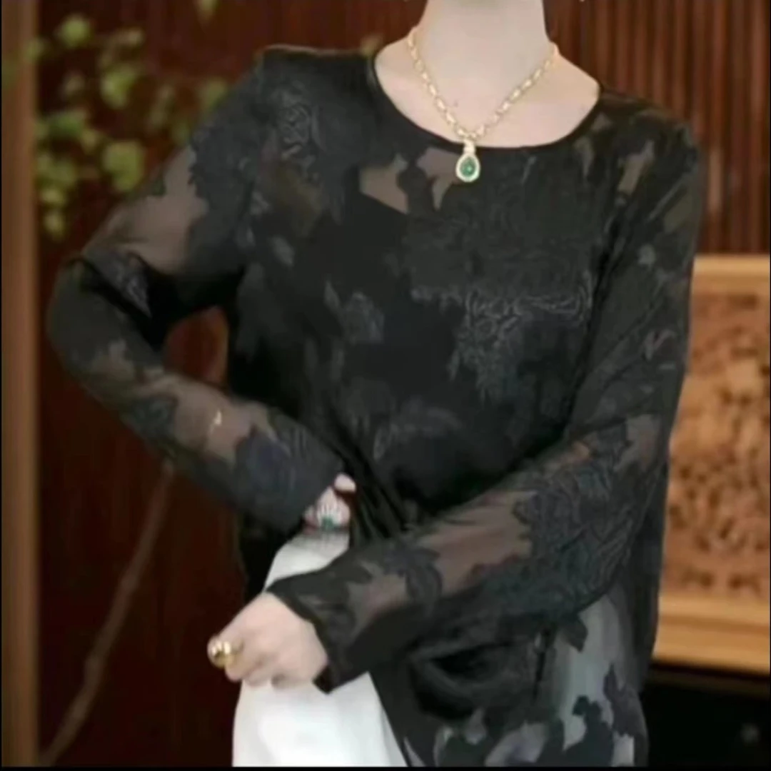 1455国潮中式复古夏款牡丹提花透气圆领小衫衬衫卿