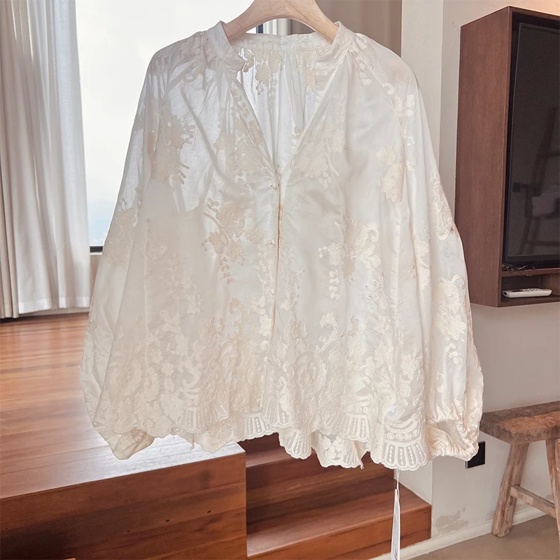 15CS3403新中式重工刺绣提花长袖衬衫女设计感蕾丝花边上衣时尚
