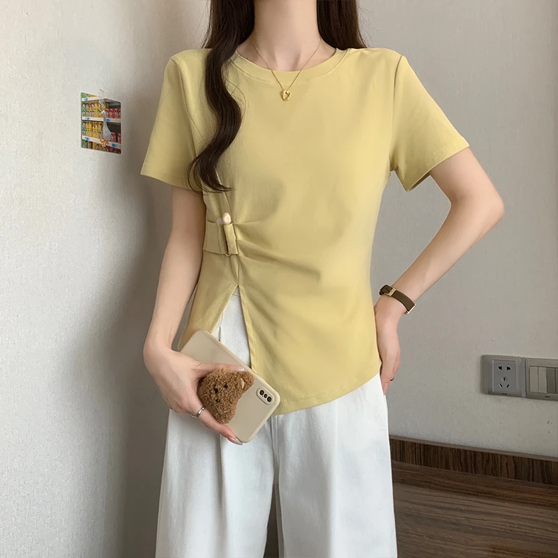 A大码夏季设计感小众开叉短袖T恤女不规则遮肚子显瘦时尚百搭上衣