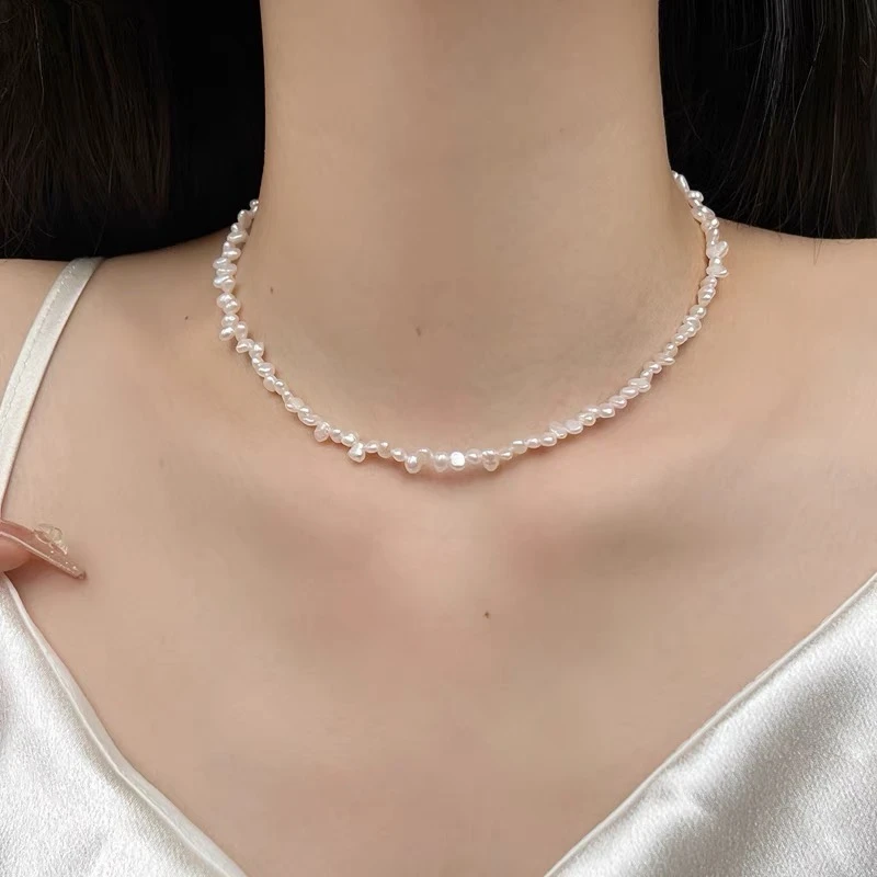 天然不规则巴洛克花瓣4-5mm珍珠项链s925银百搭气质时尚锁骨链