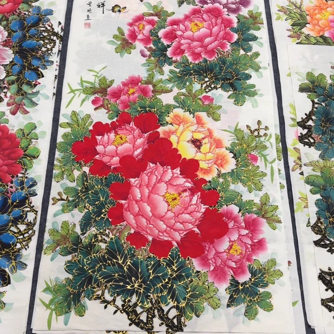 国画140×70千层金线牡丹手绘画画画