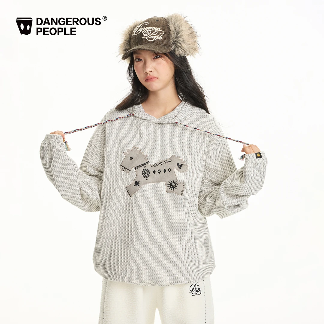 Dangerouspeople薛之谦dsp贴布绣小马连帽卫衣潮牌波浪肌理感上衣